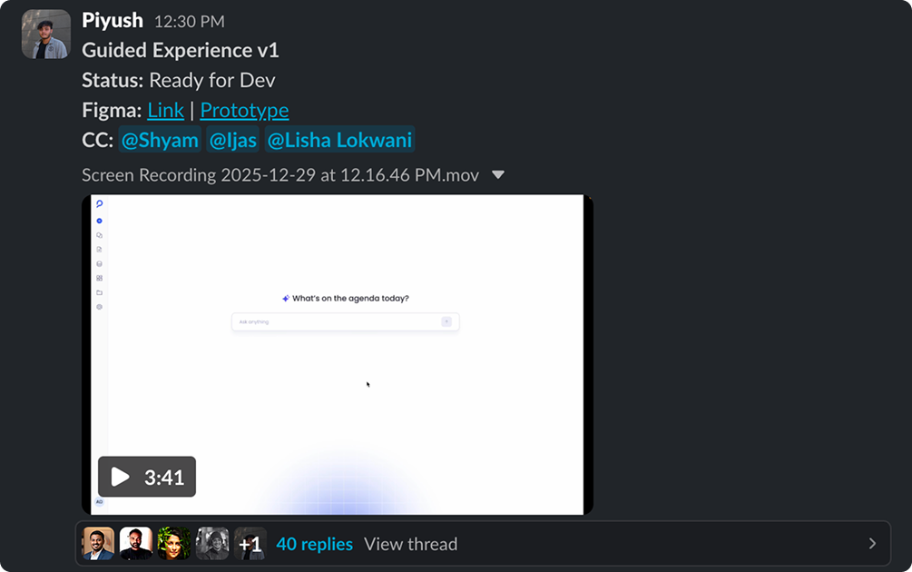 Slack post: Guided Experience v1 — Ready for Dev, Figma and prototype links, screen recording, tagged stakeholders
